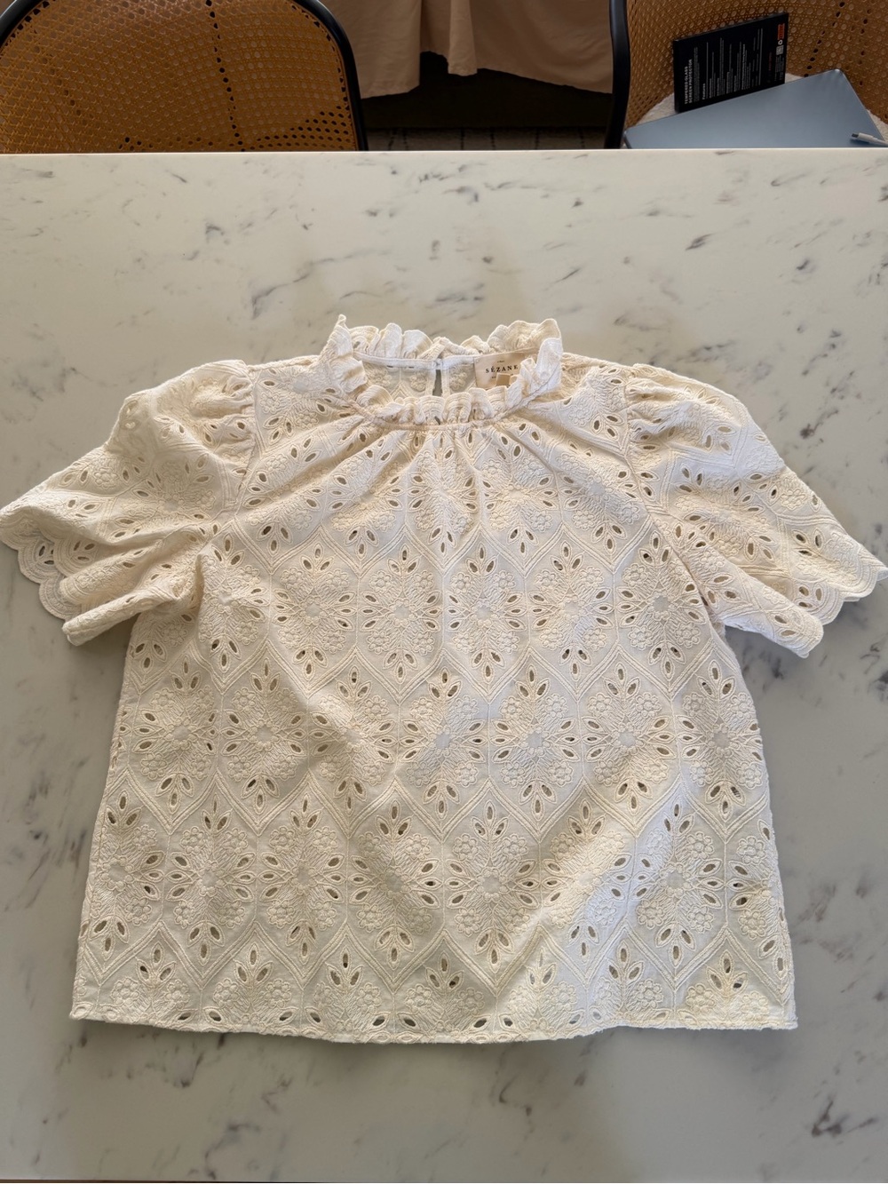 Sezane Cream Eyelet Ruffle-Neck Blouse